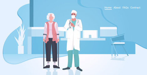 doctor in uniform supporting elderly patient medical worker helping disabled woman with cane hospital ward interior horizontal full length vector illustration