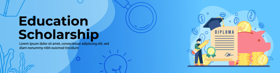 Education Scholarship Web Banner Design. students do signatures on unrolled student Diploma paper. Student loan, saving money for education. header or footer banner.