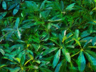 Leaves that look like multiple lobes Illustrations creates an impressionist style of painting.