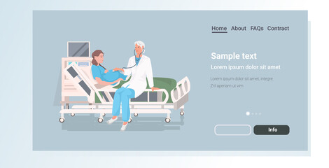 doctor in uniform using stethoscope examining pregnant woman lying in hospital bed before childbirth gynecology consultation pregnancy concept full length horizontal copy space