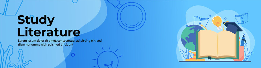 Study Literature Web Banner Design. Big Book, Graduation cap, education ornament. header or footer banner.