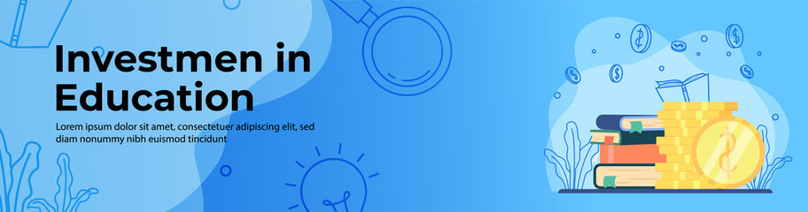 Investment in education Web Banner Design. Stack of books, stack of coins, education ornament. saving money for education concept header or footer banner.