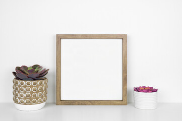 Mock up wood square frame with purple succulent plants. White shelf against a white wall. Copy space.