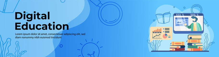 Digital Education Web Banner Design. Teacher on monitor to explain the graph. Online education, E-Learning, digital education platform concept header or footer banner.