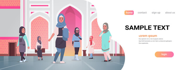 arab women coming to nabawi mosque building muslim religion concept arabic people in traditional clothes ramadan kareem holy month horizontal flat full length copy space