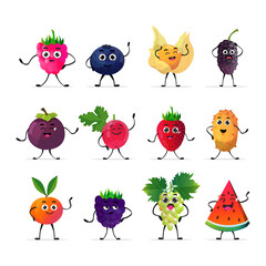 set cute fresh juicy characters tasty ripe berry fruits mascot personages collection isolated on white background healthy food concept