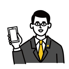 男性　ミドルエイジ 　士業　メガネ　ベクター　ポップ　携帯電話　スマホ
