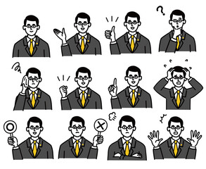 男性　ミドルエイジ スーツ　士業　メガネ　ベクター　ポップ　セット
