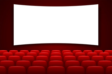Cinema hall with white screen and red chairs