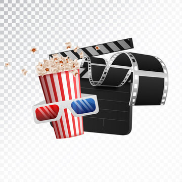 Realistic cinema movie poster template with film reel, clapper, popcorn, 3D glasses
