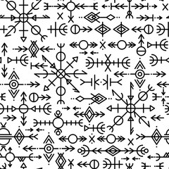Ethnic Norwegian Icelandic seamless pattern. Runic talismans of the Vikings and northern peoples. Magic and magical runes. Pagan signs. Futhark repeatable background. Vector