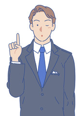 人差し指を立てるスーツの男性 すまし顔 シンプル