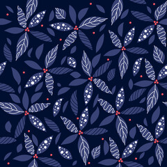 fabric design repeated floral pattern, seamless pattern. dark purple, purple leaves with dark background.