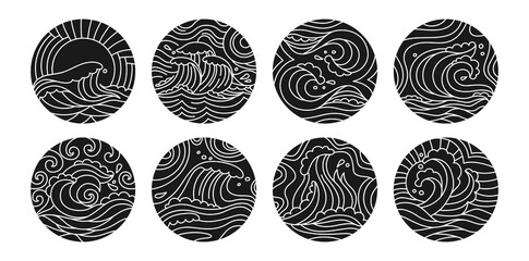 Sea waves doodle round pattern black glyph set. Ocean ornament water wave and sun hand drawn design element. Icon marine surfing linear decoration. Curly waves and spirals crest, cartoon vector