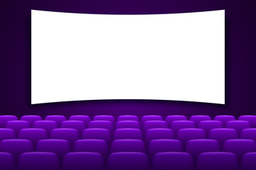 Cinema hall with white screen and purple chairs
