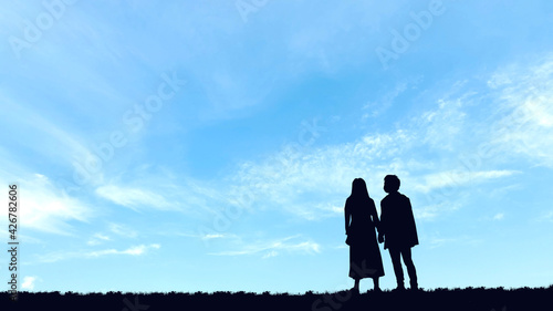 手をつなぐ若いカップルシルエット 青空背景 Blue Skies Poster Blue Ski Smile