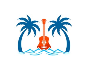Palm tree with beach wave and guitar inside