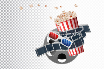 Realistic cinema movie poster template with film reel, clapper, popcorn, 3D glasses