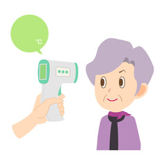 非接触体温計　検温を受けるシニア女性【ベクターイラスト素材】