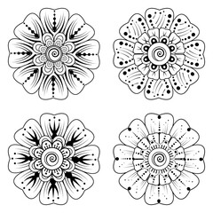Set of Mehndi flower for henna, mehndi, tattoo, decoration. decorative ornament in ethnic oriental style. coloring book page.