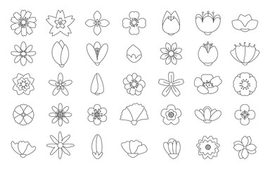 Black outline summer flowers icons set. Different shape pictograms thin line flower for spring season. Simple element, symbols for floral shop logo, sticker for gift, tag. Isolated vector illustration