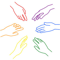 Rainbow-colored hand illustrations representing diversity and cooperation (white background, vector, cut out)