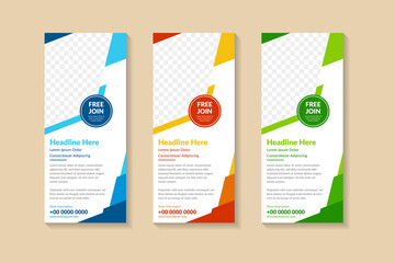 Set of templates banner designs with white background. Vertical roll up banners use polygonal style on wave elements with blue, green and yellow colors. Space for photo on top. 