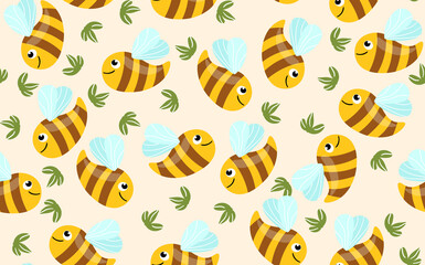 Fototapeta premium Seamless pattern with bees and leaves on color background. Small wasp. Vector illustration. Adorable cartoon character. Template design for invitation, cards, textile, fabric. Doodle style