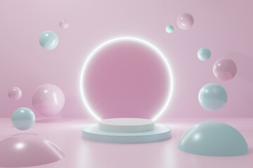 Background 3d rendering with podium and minimal geometric bubble scene, minimal circle abstract background 3d rendering geometric shape blue pastel podium. Stage 3d render