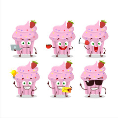 Strawberry muffin cartoon character with various types of business emoticons