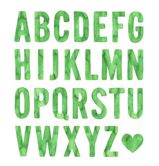 Fototapeta premium Watercolor illustration set of big green letters of English alphabet. Handdrawn watercolour sketchy drawing on white background, cutout clip art elements for design, banner, package, pattern, sticker.