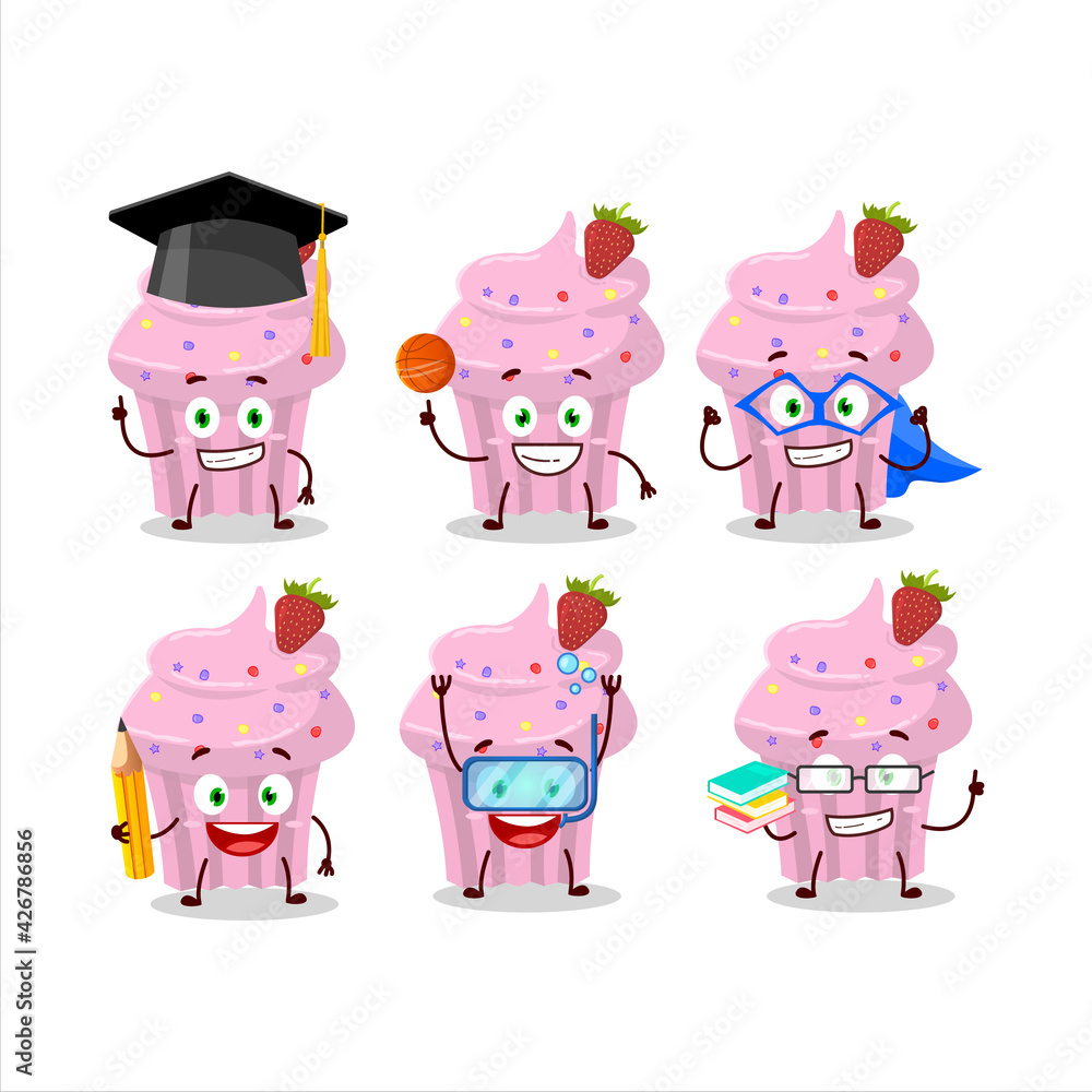 Poster School student of strawberry muffin cartoon character with various expressions