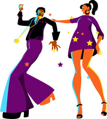 Young hip couple dressed in 70s fashion dancing disco, view from below, EPS8 vector illustration