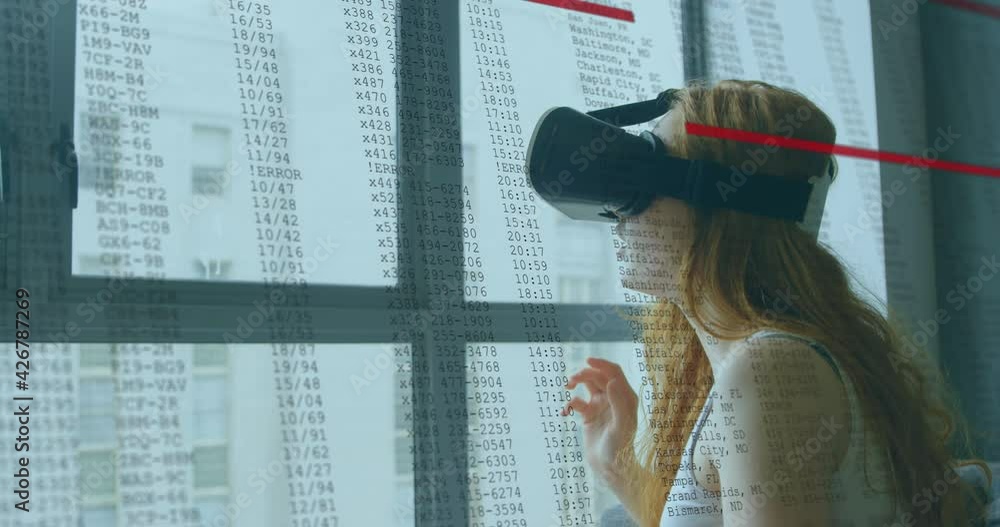 Aufkleber animation of woman in vr headset by window with interface and fast scrolling digital information
