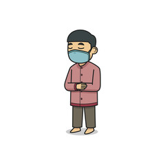 Little Boy Character Wearing Face Mask. Vector Illustration. Children Book.