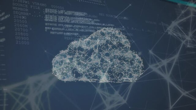 Animation of a cloud network of connections and information moving on black background