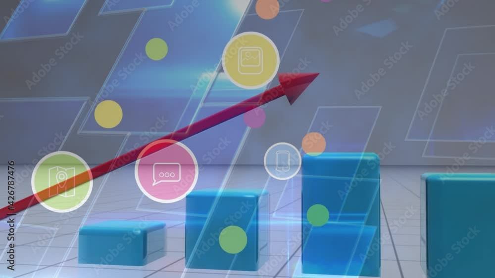Aufkleber animation of digital icons over statistics with red arrow and blue screens in background