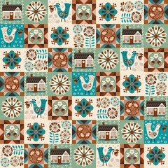 Modern patchwork featuring assorted folksy flowers, cute bird with wild strawberry, house, geometric quilting blocks in trendy comforting calm and ground hues. For interior decor, printed, web items.