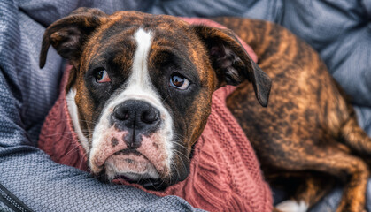 Cute and Adorable Female Boxer Dog laying on a cozy camping chair outdoors. Taken in British Columbia, Canada.