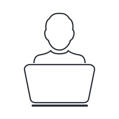 A human in front of a laptop working on it symbolising internet user. Work at home or in the office. Social media  network communication. Vector linear icon isolated on white background.