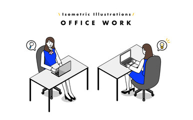 デスクワークするビジネスウーマン アウトラインありアイソメトリックイラスト