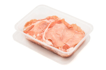 fresh Sliced raw pork ids isolated in plastic box on white clear background. Clipping Paths.