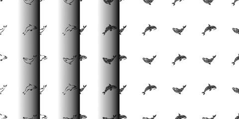 Set of Seamless Black and White Pattern with Whales in Simple Style. Good for backgrounds and prints. Vector illustration.