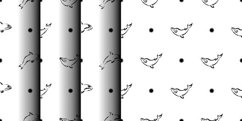 Set of Seamless Black and White Pattern with Whales in Simple Style. Good for clothing and textiles. Vector illustration.