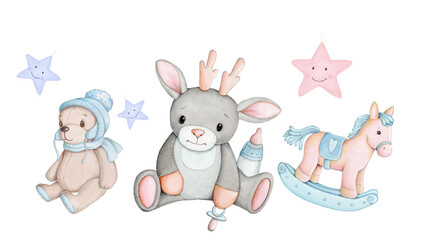 Obraz na płótnie Canvas Cute cartoon illustration of sweet baby toys: deer, teddy bear and horse. Watercolor art.