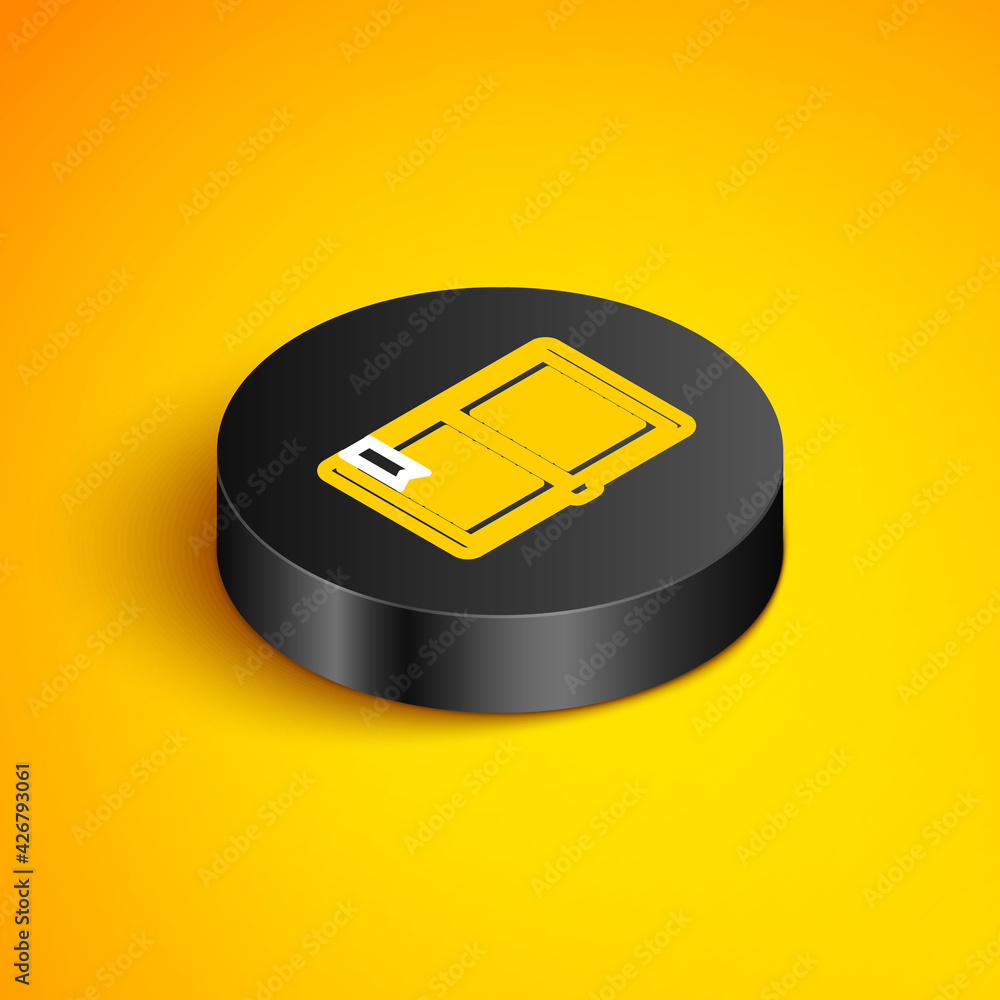 Poster isometric line open book icon isolated on yellow background. black circle button. vector