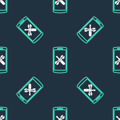 Line Smartphone with screwdriver and wrench icon isolated seamless pattern on black background. Adjusting, service, setting, maintenance, repair, fixing. Vector