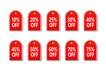 Set of Discount Sticker Label. Sale tags set vector badges template, 10 off, 20 %, 30, 40, 50, 60, 70 percent sale label symbols, discount promotion flat icon with shadow isolated on White Background.