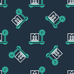 Line Scale with cardboard box icon isolated seamless pattern on black background. Logistic and delivery. Weight of delivery package on a scale. Vector