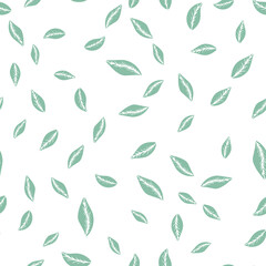 Obraz na płótnie Canvas Vector seamless pattern with green hand drawn simple leaves on white background